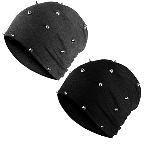 Winter Gothic Hat 2 Pieces Unisex Goth Beanie Rivet Rock Punk Hat Stud Spike Hats for Men Women, Black Gray (Rivet)