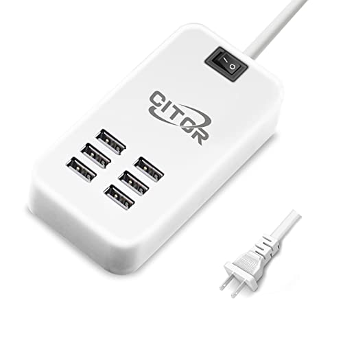 Multi USB Charger, 6 Port USB Charging Station for Multiple Devices, Phone, Tablet, Power Strip with ON/Off Switch (White)