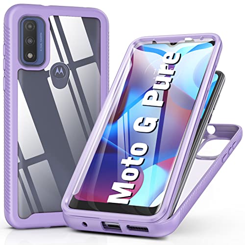 for Moto G-Pure 2021 Phone Case: Clear Protective Case with Front Cover – Transparent Rugged Durable 360 Full Protection – Military Grade Shockproof Phone Case Slim for Motorola G Pure – Girly Purple