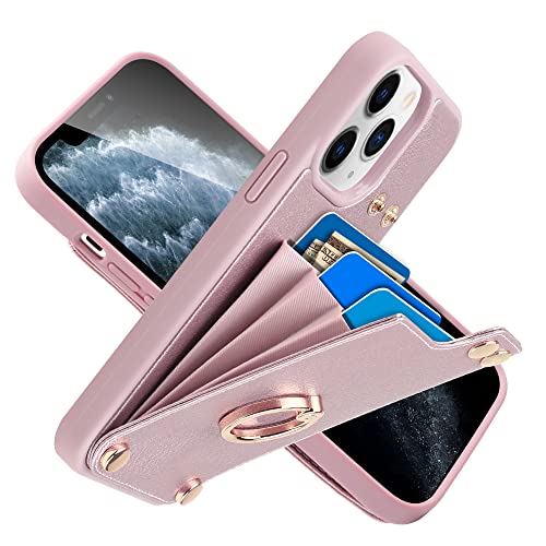 LAMEEKU Wallet Case Compatible with iPhone 11 Pro Max, Leather Case with Card Holder, 360°Rotation Ring Kickstand, RFID Blocking Protective Case Designed for Apple iPhone 11 Pro Max 6.5” Rose Gold