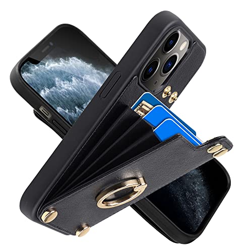LAMEEKU Wallet Case Compatible with iPhone 11 Pro Max, [RFID Blocking] Case with Card Holder Leather Cover 360°Rotation Ring Kickstand Protective Bumper Designed for iPhone 11 Pro Max 6.5” Black