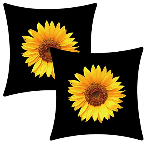 LOZACHE Home Decor Sunflower Pillow Covers Decorative Sunshine Black Throw Pillow Cases for Bedroom Living Room House Office Car Sofa Decoration, 18×18 inch, Set of 2
