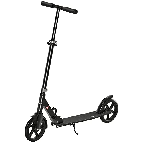 Soozier Folding Kick Scooter for 12 Years and Up for Adults and Teens, Push Scooter with 3-Level Height Adjustable Handlebar, Big Wheels and Rear Wheel Brake, Black