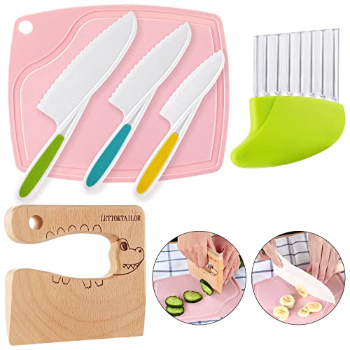 6 Pieces Kids Knife Set Include Wooden Toddler Knife Crinkle Cutter for Veggies Nylon kids knifes for Real Cooking Montessori Kitchen Tools for Toddlers With Cutting Board