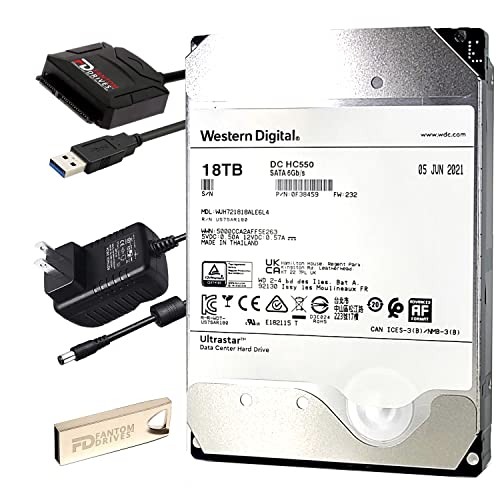 Fantom Drives WD 18TB Hard Drive Upgrade Kit – 0F38459 DC HC550-7200RPM 3.5″ SATA 6Gbps 512MB Cache – with Complete cloning Solution – FD Software, SATA to USB Cable, Power Supply, (HDD18000PC-KIT2)