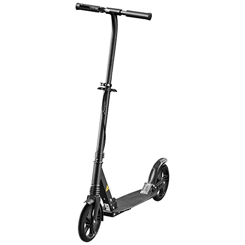 Soozier Foldable Kick Scooter for Teens Ages 12 Years and Up, Lightweight Scooters with Big Wheels, Adjustable Handlebars, One-Kick Open Mechanism and Dual Brakes System for Adult Teenage, Black
