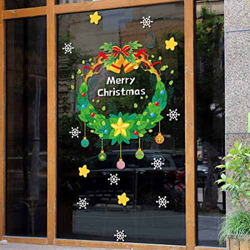 Christmas Windows Door Fridge Stickers,Merry Christmas Wreath Garland Sticker Wall Decals, Peel and Stick Removable for Xmas Home Decorations