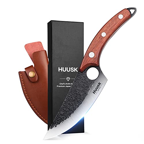 Huusk Viking Knives Hand Forged Boning Knife Full Tang Japanese Chef Knife with Sheath Butcher Meat Cleaver Japan Kitchen Knife for Home, Outdoor, Camping Thanksgiving Christmas Gifts