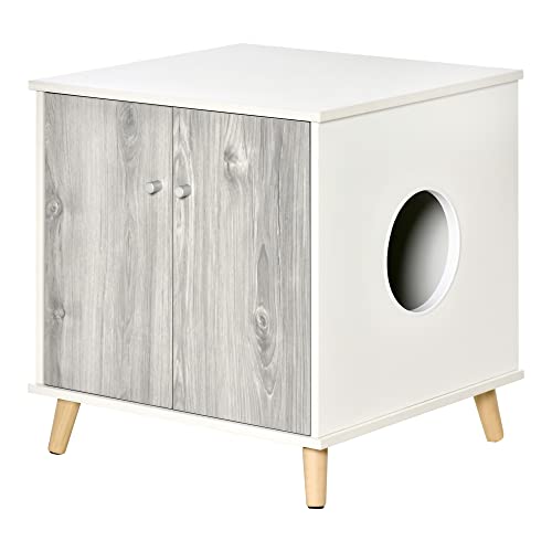 PawHut Wooden Cat Litter Box Enclosure, Multipurpose Anti-Tracking Pet Kitten House, Indoor End Table with Magnetic Doors & Storage Shelves, White