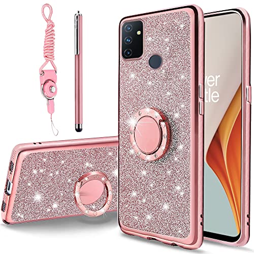 B-wishy for OnePlus Nord N100 Phone Case with Stylus Pen, Luxury Glitter Sparkles Cute Silicone TPU Case for Women Girls with Kickstand, Bling Rhinestone Bumper Ring Holder Slim Case,Pink