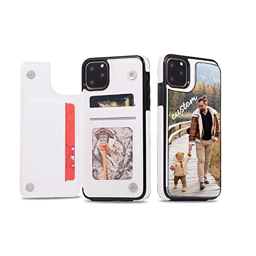 Custom iPhone 11 12 13 14 Pro Max Wallet Case with Card Holder, Personalized Picture Text PU Leather Double Magnetic Buttons Flip Shockproof Case