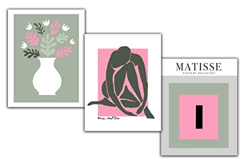 WESTBROOK DESIGN STUDIO Matisse-Inspired No.38 Wall Art Prints. Set of 3 – 11×14 UNFRAMED Abstract, Minimalist Aesthetic Wall Decor. Sage Green, Pink, Gray on White.