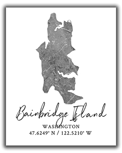 WESTBROOK DESIGN STUDIO Bainbridge Island WA Map Wall Art Print – 8×10 Silhouette Decor Print with Coordinates. Makes a Great Island-Themed Gift. Shades of Grey, Black & White.