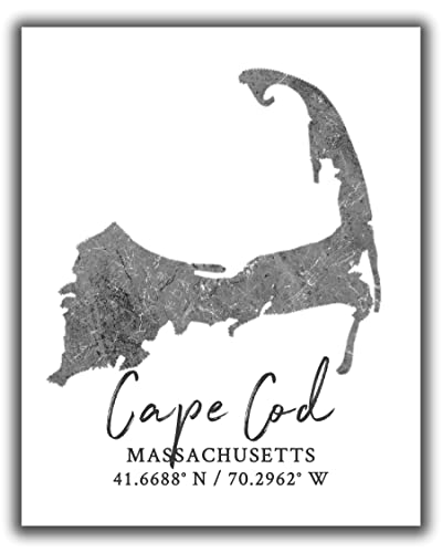 WESTBROOK DESIGN STUDIO Cape Cod MA Map Wall Art Print – 8×10 Silhouette Decor Print with Coordinates. Makes a Great Cape Cod-Themed Gift. Shades of Grey, Black & White.