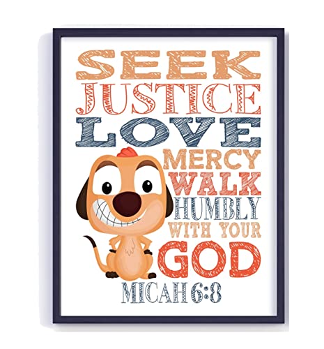 Timon Lion King Christian Nursery Kids Room Unframed Print – Seek Justice Love Mercy Walk Humbly with your God – Micah 6:8