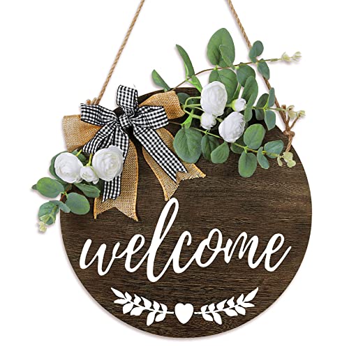 LENYEE Welcome Sign Front Door Wreath – Farmhouse Home Decor Porch Door Decorations Hanging Outdoor Hello Sign Rustic Wood Round Wreath with Eucalyptus Leaves Holiday Housewarming Gift (Floral-Welcome)