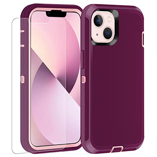 droperprote Compatible with iPhone 13 Case with Tempered Glass Screen Protectors,3 Layers Military Full Body Drop Protective Heavy Duty Shockproof iPhone 13 Protective Case 6.1 inches Purple/Pink