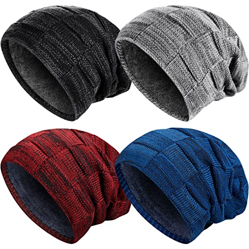 Men Winter Beanie Hat Warm Slouchy Hats Men Knitted Beanie Hats Fleece Lined Skull Cap for Men (Black, Grey, Wine Red, Royal Blue,4 Pieces)