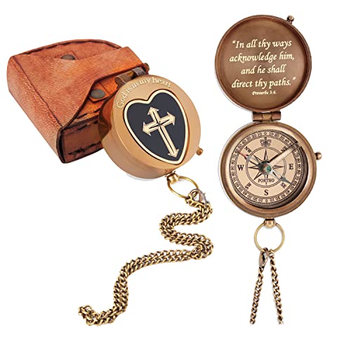 PORTHO Pocket GOD Compass with Leather Pouch| Religious Jesus Gifts Compass Engraved with Proverbs 3:6| Ideal Gifts for Christmas, Baptism, Graduation, Devotion