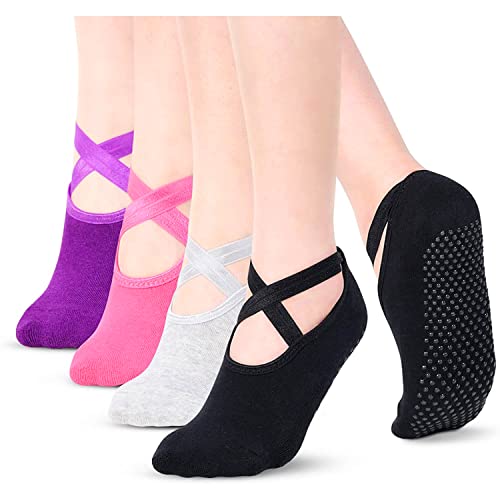sockfun Yoga Socks with Grips for Women Pilates Barre Dance Ballet or Hospital Women Barefoot Workout 4 Pack (BKPUPKGY-YOGA SOCKS BAND 4 PACK)