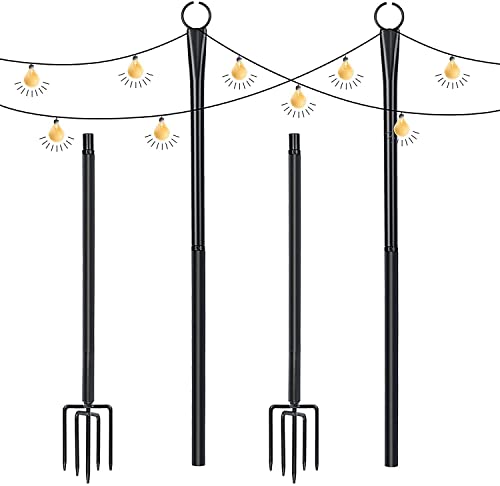 Outdoor String Light Pole, Heavy Duty Light Poles for Outside with Hooks and 4-Prong Fork, Metal Post for Hanging String Lights for Deck, Patio Garden, Backyard, Wedding or Party, 2 Pack