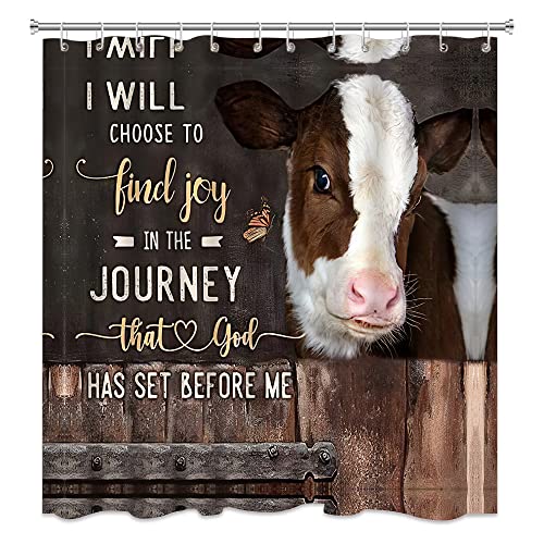 Rustic Farm Cow Shower Curtain Farmhouse Milk Cow Cattle Portrait Bull Inspirational Quote Wooden Fence Country Western Animal Butterfly Bathroom Curtains Sets Polyester Fabric 70 X 70 Inch with Hooks
