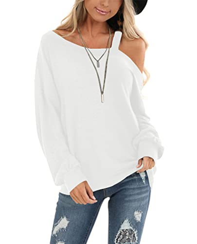 Ezbelle Womens Strappy Cold Shoulder Tops Long Sleeve Shirts Off Shoulder Sweatshirts Pullover White X-Large