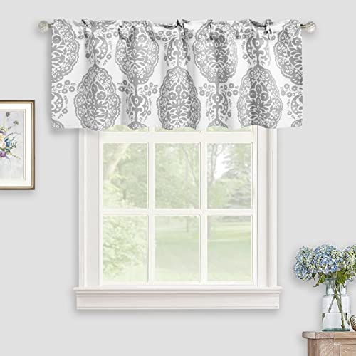Inselnwald Gray Valance for Kitchen Bathroom, Damask Medallion Pattern Window Treatment Small Curtain Floral Valances for Bedroom Home Decor Rod Pocket 52 x 18 Inch Gray