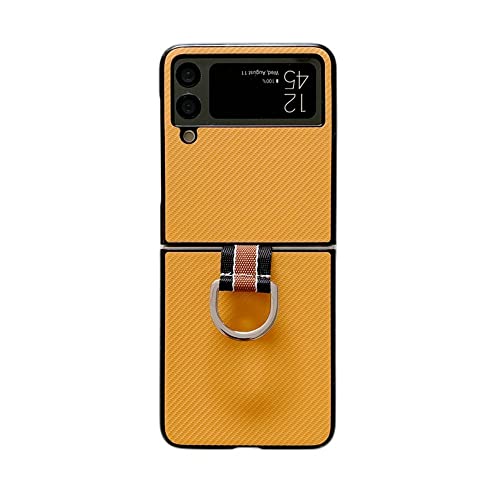 with Ring Compatible with Samsung Galaxy Z Flip 3 5G Case Luxury Ultra Slim Cute Cover Hard Plastic PU Leather Shockproof Phone Case Fashion for Galaxy Z Flip 3 5G 2021 (Yellow)