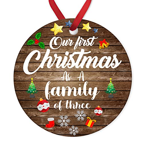 Our First Christmas As A Family of Three Round Ceramic Ornament Wood Grain Christmas Porcelain Keepsake for Baby’s New Parents Xmas Tree Decorations Flat