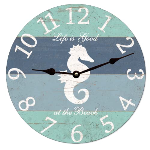 Vintage Seahorse Clock Life is Great at The Beach Clock Nautical Wall Clock Silent Non-Ticking 10 Inch Wooden Wall Clocks Battery Operated Beach Decor Ocean Wall Decor Rustic Home Decor Living Room