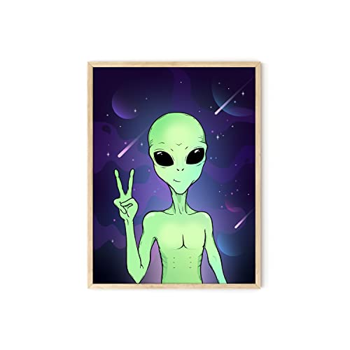 HAUS AND HUES Trippy Alien Poster & Alien Decor – Edgy Posters Trippy Aliens Poster Alien Wall Decor & Cool Posters for Room Aesthetic Trippy Posters | Alien Portrait Framed Beige 12×16