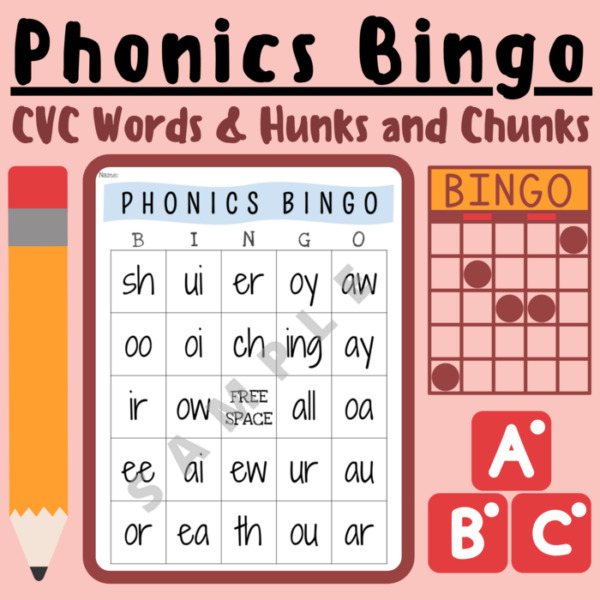 Phonics/Reading/Sight Words CVC Words Hunks and Chunks BINGO GAME; For K-5 Teachers and Students in the Language Arts, Phonics, Grammar, & Writing Classroom