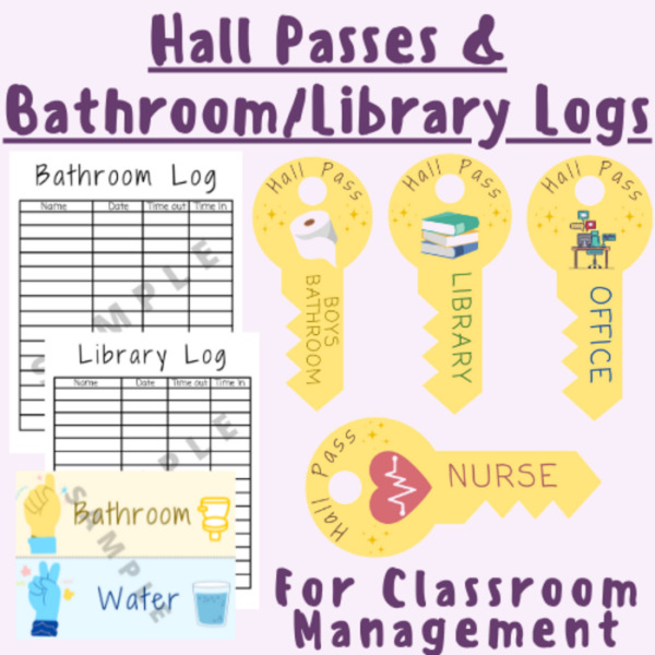 Bathroom/Library Log, Hall Passes & Signs: Classroom/Behavioral Management Decorations For K-5 Teachers and Students