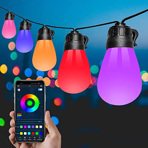 morefulls Outdoor String Lights – 48ft Multi-Color LED Patio Lights Withwith 15 Dimmable RGB LED Bulbs App Control IP65 Waterproof Colorful LED Bulbs
