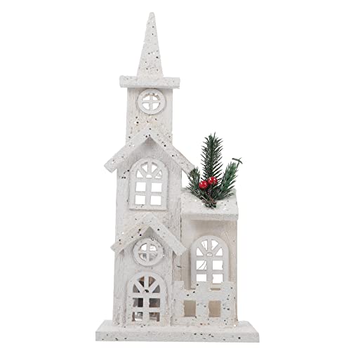 TOYANDONA Christmas LED Light Up Wooden House Rustic Wooden Church Tower with Pine Needle and Berry LED Holiday Tabletop Decoration for Christmas Home Decoration