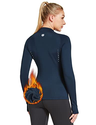 Women’s Thermal Fleece Lined Mock Neck Baselayer Tops Winter Long Sleeve Running Athletic Shirt with Thumbholes Navy XS