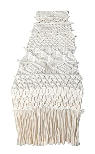 AJAAN Macrame Table Runner 86 x 13 inches Long, Boho Runner Wedding Table Decor, Off White Hand Woven Runner for Coffee Table Decorations, Dinning Room Runners, Vintage Table Runner Farmhouse Style