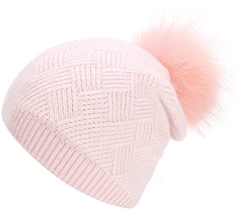Women Pink Cashmere Slouchy Knit Beanie Hat With Real Fur Pom Pom Winter Slouchy Knit Beanie Hat For women Winter Pom Pom Hat Winter Pompom Beanie Hat Pom Pom Cashmere Hat Pink Winter Ski Hat With Pom