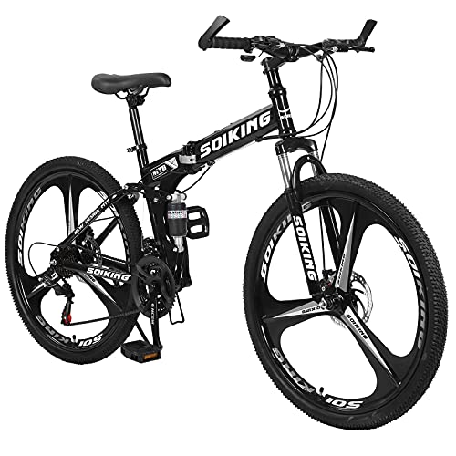 Munieniu 24in Folding Mountain Bike for Teens, Mountain Bike 6-Spoke 21-Speed 24-inch Wheel Double Disc Brake Full Suspension Shimanos Anti-Slip Carbon Steel Frame MTB Bikes (Black)