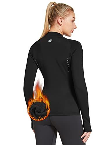 Women’s Thermal Fleece Lined Mock Neck Baselayer Tops Winter Long Sleeve Running Athletic Shirt with Thumbholes Black L