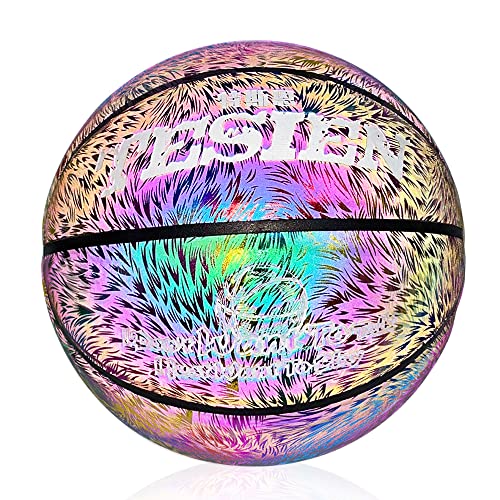Touch Fish Reflective Glowing Holographic Luminous Size 7 Basketball for Night Game, Perfect Holo Hoops Gifts Toys (Size 7, Colorful Feather)