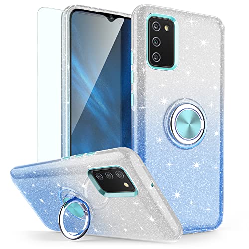 TJS Compatible with Samsung Galaxy A02S Case, with Tempered Glass Screen Protector, Metal Ring Magnetic Support Kickstand Tone Shinny Glitter Girls Women Drop Protector Cover Phone Case (Blue)