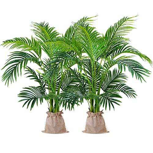Worth Garden 4ft Artificial Areca Palm Plant 2 Packs in Pot, Fake Cane Palm Silk Tree Indoor Outdoor, Dypsis Lutescens, 47in Lifelike Faux Silk Plant Home Decor, Two Linen Bags & 20g Dry Moss Included