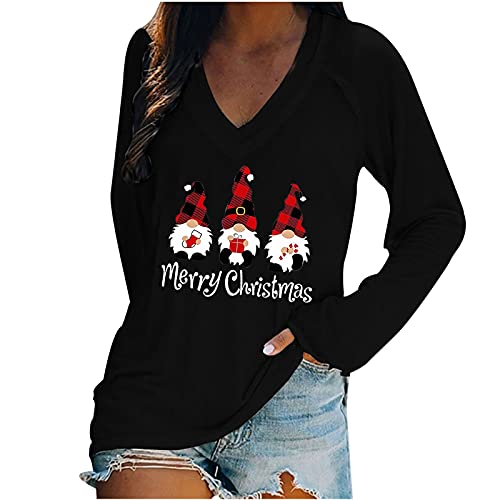 Lightweight Pullover for Women-Merry Christmas Wine Glass Print Sweatshirt Fall Winter V-Neck Long Sleeve Blouse Top