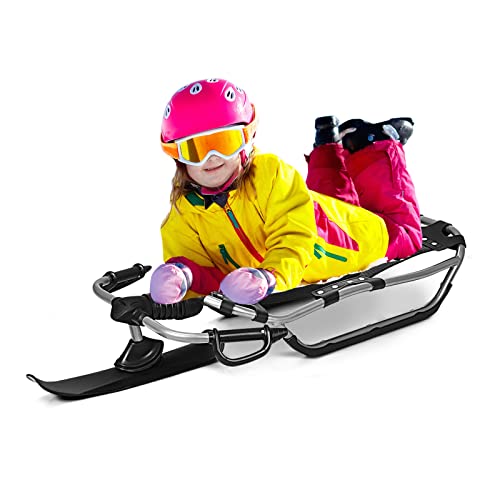 GYMAX Snow Sled, 54” Steerable Racer Ski Board with Heavy-Duty Steel Frame & 2 Textured Grip Handles, Downhill Slider Board for Adults & Teenagers Age 12+