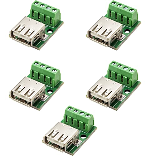risingsaplings 5pcs USB Type A Female Socket Breakout Board with 3.81mm/0.15″ Pitch Terminal Adapter Connector DIP for DIY USB Power Supply/breadboard Desig