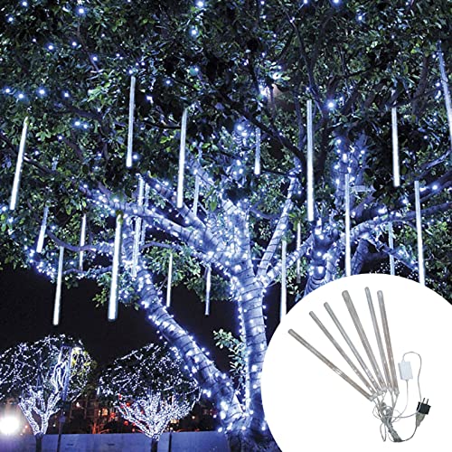 Christmas Lights Outdoor Meteor Shower Lights 12 inch 8 Tube 192 LEDs String Lights IP67 Waterproof Snow Falling LED Fairy Lights for Christmas Tree Decoration Wedding Party New Years (White)