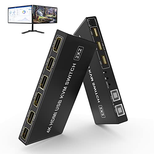 Dual Monitor HDMI KVM Switch 2 Port 4K 60HZ, Extended Display USB KVM Switch HDMI 2 in 2 Out with USB 2.0 Hub and Audio Output, 2 HDMI Monitors 2 Computers Switch with Controller and USB Cables x2