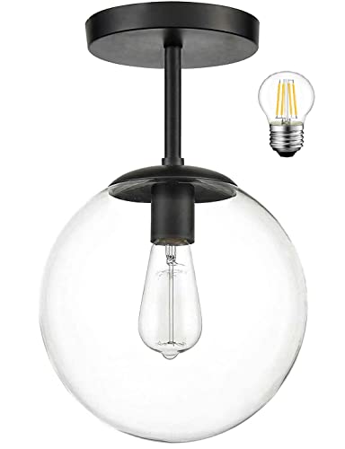 Mid Century Modern Globe Semi Flush Mount Ceiling Light Fixture, Clear Glass with Finish, Black 1-Light Sphere Glass Pendant Lights for Aisle Porch Stairway Closet Kitchen Laundry Room(Bulb Incl.)